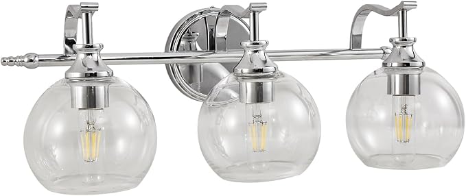 Chrome Vanity Light, 3-Light Polished Silver Bathroom Light Fixture Over Mirror, Modern Wall Sconce with Clear Glass Shade, Industrial Wall Lighting for Living Room, Bedroom, Hallway, 22.3"