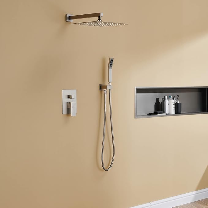 Rain Shower System 12 Inches Shower Combo Set Brushed Nickel Wall Mount Faucet Bathroom Faucets with Rainfall Shower Head and Hand Shower