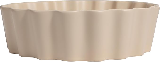 JONATHAN Y SNK1005G 15" Round Bathroom Vessel Sink, Art Deco Scallop Above Counter Vanity Sink, Matte Beige Ceramic Basin for Modern Powder Room and Lavatory