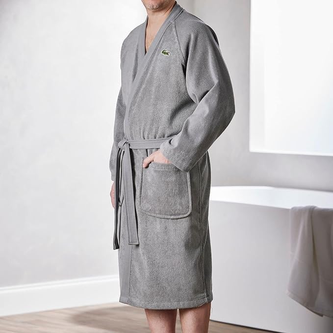 Lacoste Classic Pique Bath Robe, 100% Soft Cotton Terry, Unisex Adult Bathrobe, Absorbent & Quick Drying, One Size Fits Most