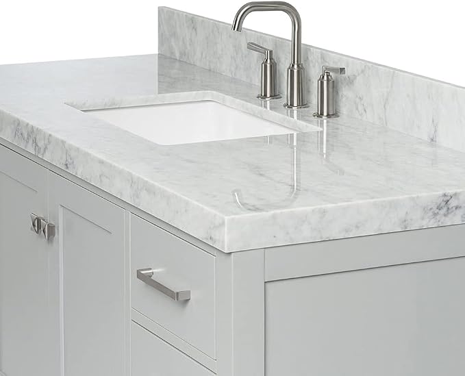 DKB Beckford 54-Inch Grey Bathroom Vanity with 1.5-Inch Edge Italian Carrara Marble Countertop & Backsplash, Center Rectangular Sink, 2 Soft Closing Doors, 9 Dovetail Drawers, Brushed Nickel