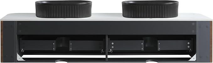 72" Floating Bathroom Vanity with Double Black Sink, Walnut | Pre-Assembled Fluted Wall Mounted Vanity with Ceramic Sink, Sintered Stone Countertop, Soft-Close Drawers & Towel Rack