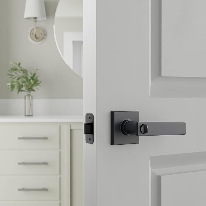 Amazon Basics Contemporary Stamford Interior Door Levers for Bedroom and Bathroom, Matte Black, 6-Pack