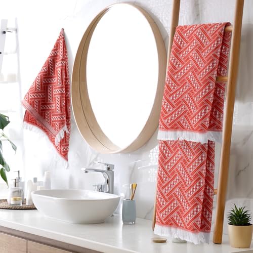 HunnmingRe 4 Pack Boho Hand Towel for Kitchen, Red Orange ,White
