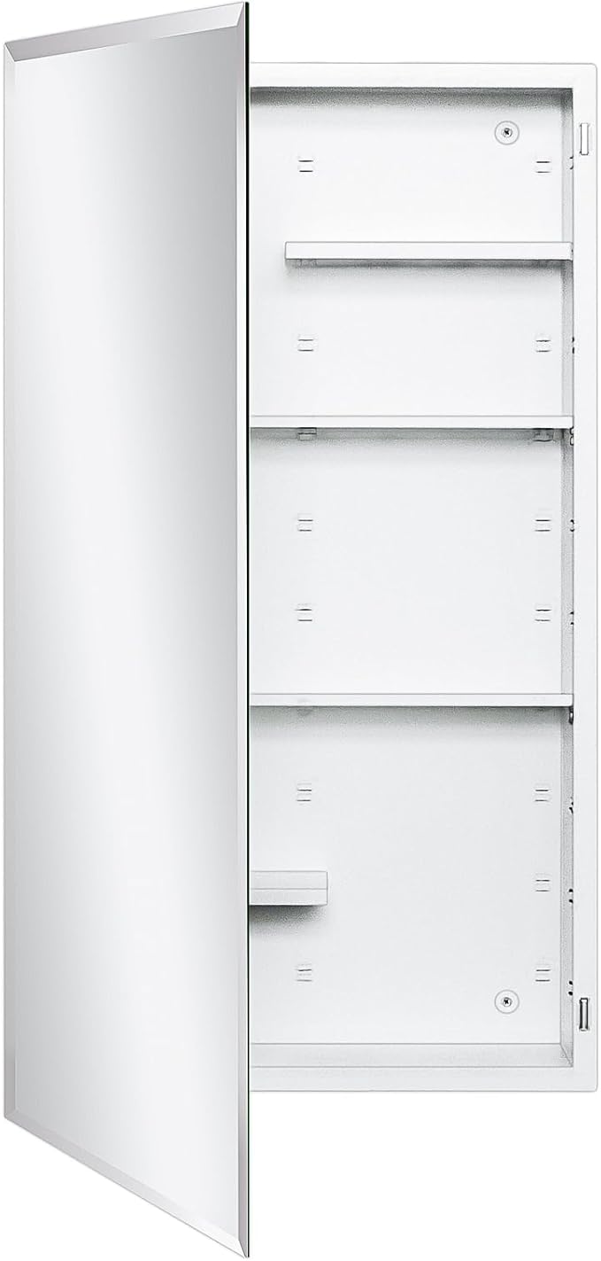 White Metal Medicine Cabinet, 20 x 36 Beveled Mirror, Surface Mount Storage | 20 x 36 Bathroom Mirror Cabinet with Adjustable Staggered Shelves, Continuous Piano Hinge, Reversible Door Swing, Matte White
