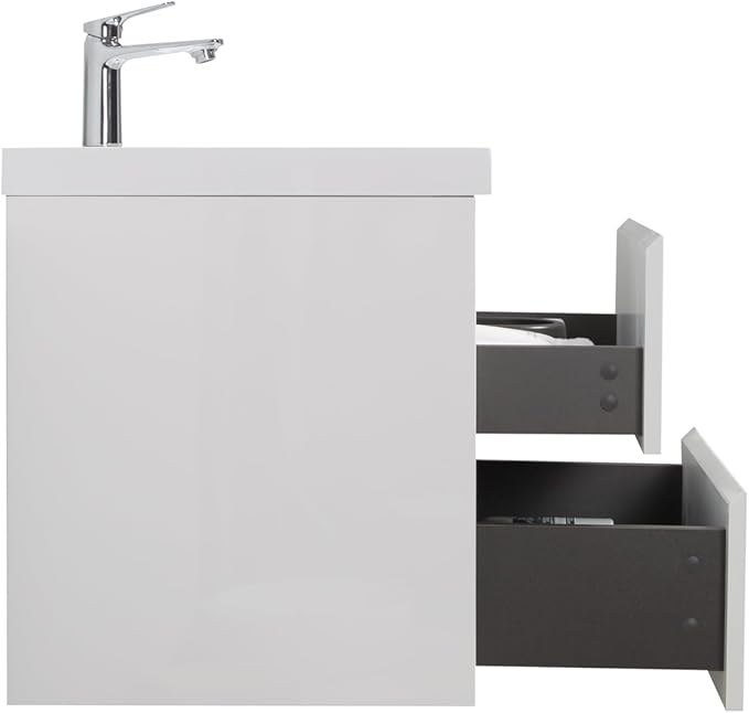 Floating Bathroom Vanity with Sink, 24" Wall-Mounted Bathroom Storage Vanity Cabinet with Resin Top Basin and Soft Close Drawers, No Assembly Required, Glossy White