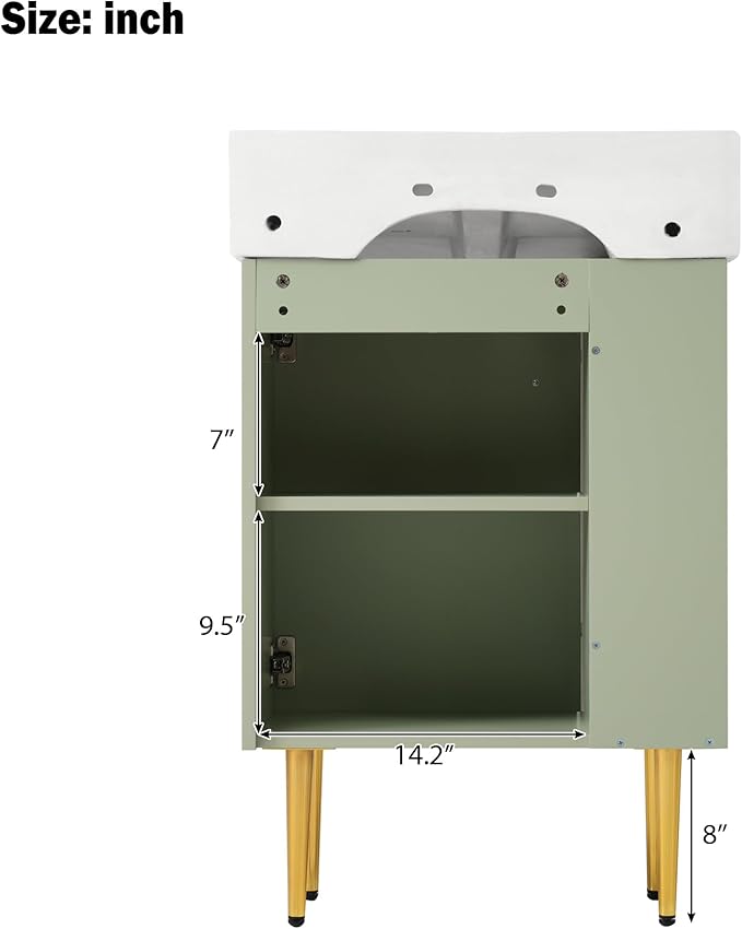 Merax 21.6" Bathroom Vanity, 21.6 Inch Freestanding Bathroom Vanity with Sink, Modern Vanity Floor Standing with 1 Door and White Ceramic Basin Sink Top, Green