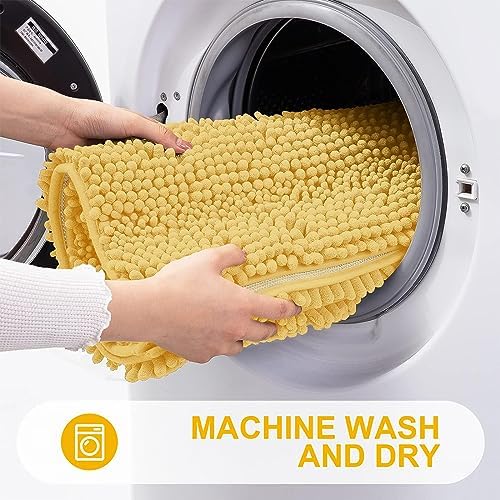 Grandaily Chenille Striped Bathroom Rugs 59x24, Extra Thick and Absorbent Bath Mats, Non-Slip Soft Plush Shaggy Shower Carpet, Machine Wash Dry, Bath Rug for Bathroom, Yellow