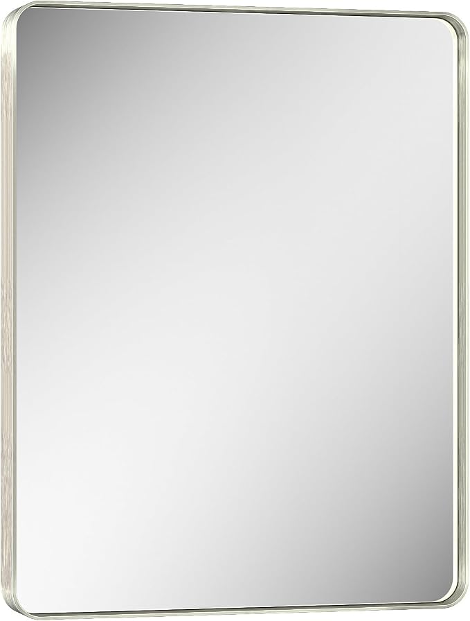 Keonjinn 28 x 36 Inch Brushed Nickel Bathroom Mirror, Tempered Glass | Rounded Rectangle Vanity Mirror, Silver Bathroom Mirrors for Over Sink, Rust-Resistant Aluminum Frame, French Cleat Mount
