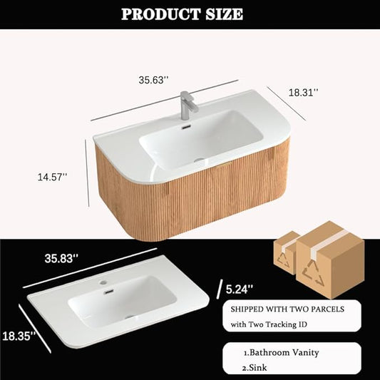 36'' Floating Bathroom Vanity with Sink, Wall Mounted Modern Bathroom Cabinet W/Curved Edges Stripes, Oak & Plywood, Pre-Assembled with Integrated Ceramic Basin – Havana, Natural Oak