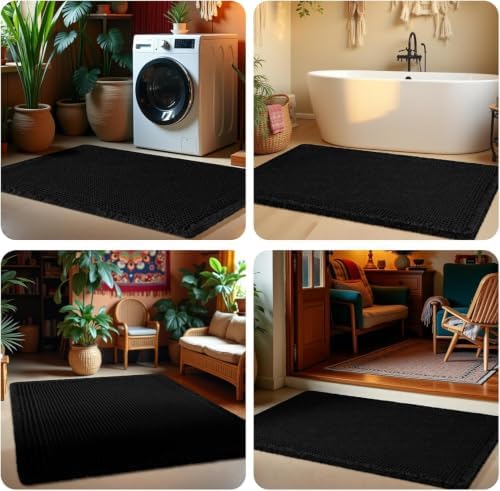 Upgrade Waffle Bath Mat Set 3 Piece, Boho Bathroom Rugs Absorbent Non Slip, Ultra Soft Bathroom Mat, Machine Washable Knit Bath Rugs with Tassels for Bathroom, Bedroom, Kitchen, Shower, Tub, Black