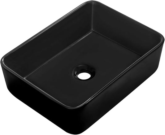 Black Vessel Sink,Rectangle 19"x15" Bathroom Sink Above Counter Porcelain Ceramic Small Sink Bowl Ceramic Vessel Sinks for Bathrooms