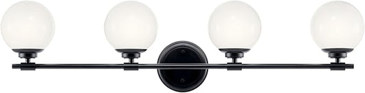 Kichler Benno 4-Light Vanity, Modern Light with Opal Glass in Black, for Bathroom or Powder Room (8.75" x 34"), 55173BK