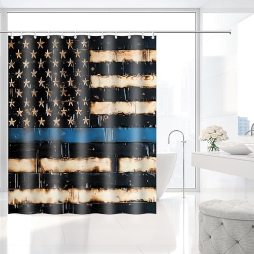 Thin Blue Line American Pride Flag Shower Curtain with Hooks 72 x 72 Inches