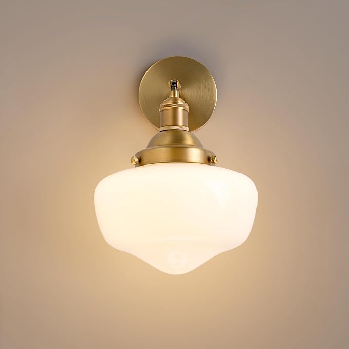 Vintage Wall Sconce, Bathroom Vanity Light with Milky White Glass Shade and Matte Brass Finish Bathroom Light Fixture, Wall Lamps for Living Room