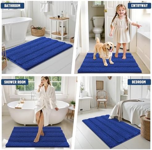 Grandaily Chenille Striped Bathroom Rugs 30x20, Extra Thick and Absorbent Bath Mats, Non-Slip Soft Plush Shaggy Shower Carpet, Machine Wash Dry, Bath Rug for Bathroom, (Medium, Cobalt Blue)