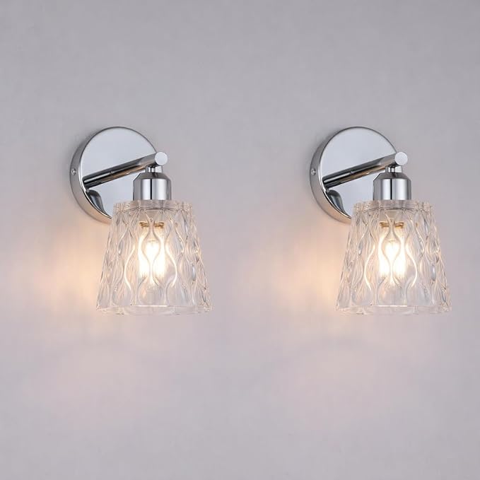 Chrome 1 Light Bathroom Vanity Lights, 2 Pack, with Textured Glass Shades, E26 Sockets, Bathroom Light Fixtures Over Mirror, Modern Lighting Fixtures Wall Lamp Vanity Lights