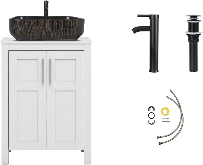 YOURLITE 24" Bathroom Vanity with Sink, White Bathroom Vanity and Sink Combo with Faucet & Pop Up Drain Set,Traditional Vanity with with Black & Gold Ceramic Sink