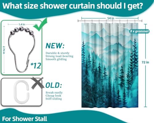 Dark Teal Forest Stall Shower Curtain, 54X72 in Narrow Small, Mountain