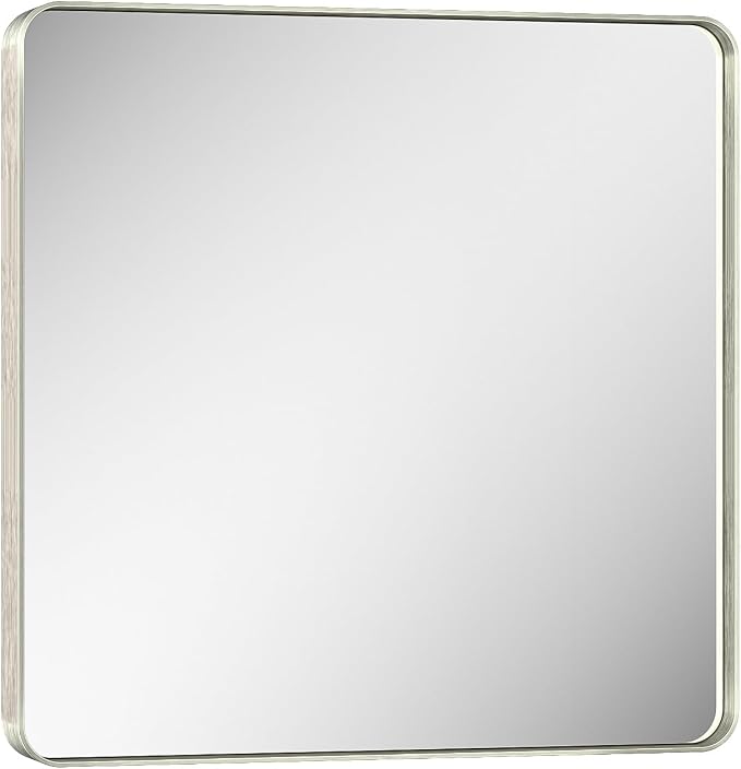 Keonjinn 30 x 30 Inch Brushed Nickel Bathroom Mirrors for Over Sink | HD Tempered Glass, Silver Vanity Mirror, Rust-Resistant Aluminum Frame, Rounded Rectangle, French Cleat Mount, Home Décor