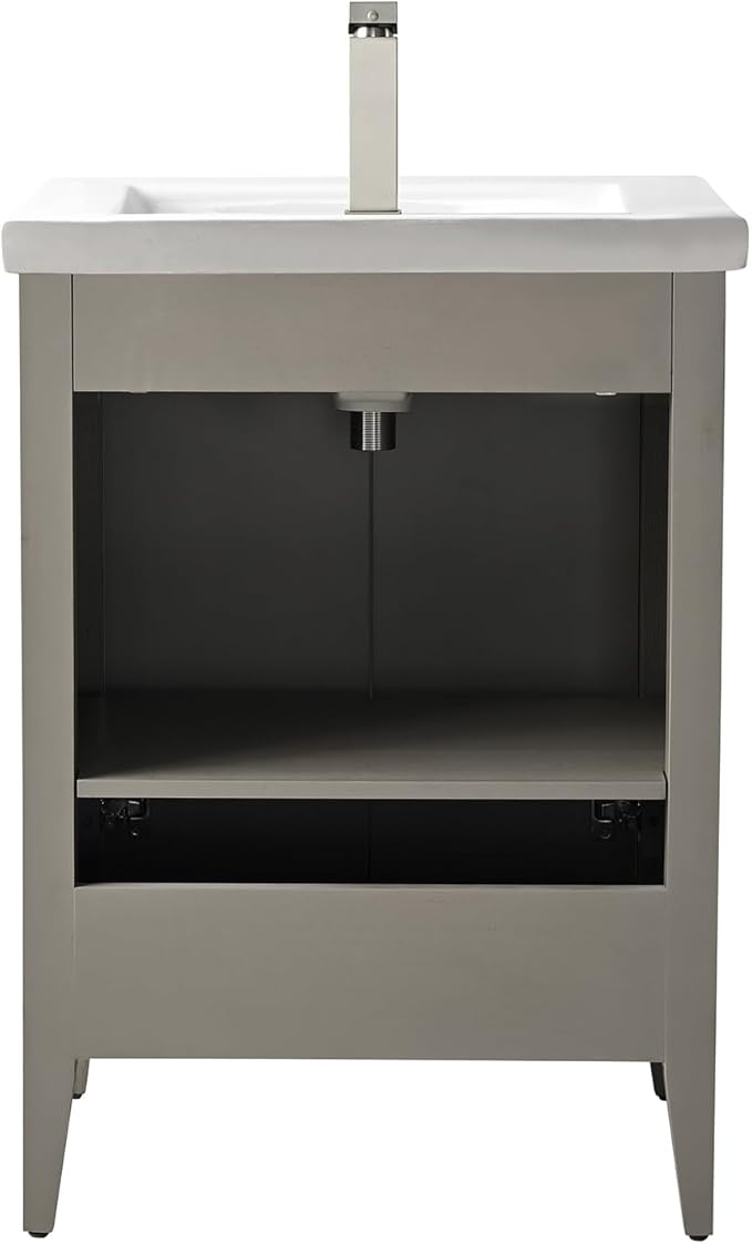 Vanity Art 24 inch Bathroom Vanity with Single Sink & Ceramic Top, Vanity Cabinet with Soft-Closing Door, Solid Wood Frame, Linear Pattern, Driftwood Gray, Golden Brushed Handware VA9124-DG-GB