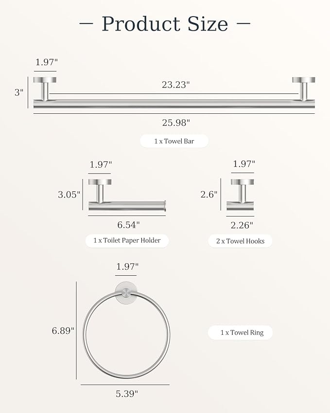 Brushed Nickel Bathroom Accessories Set SUS304 Stainless Steel 5 Pieces | Evolvegoods Bathroom Hardware Set, 26 Inch Bath Towel Bar Set, 2 Towel Hooks, Toilet Paper Holder, Towel Racks for Bathroom