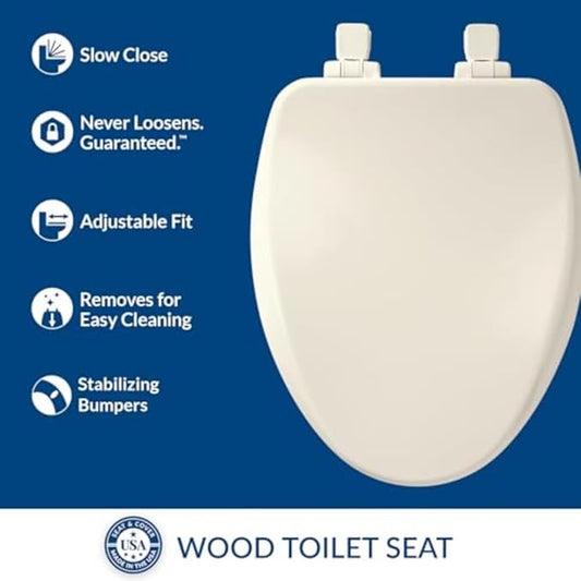 Bemis Alesio II Slow Close Toilet Seat, Easy Clean Hinges and Adjustable Perfect Fit Wood Seat, Made in USA, Elongated, Biscuit
