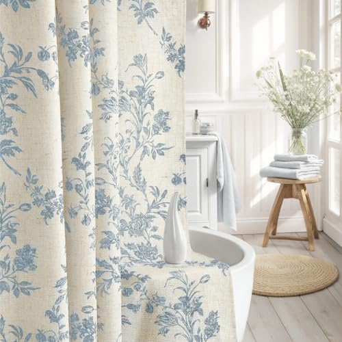 Blue Floral Shower Curtain,Vintage Linen Beige Cottagecore Shower Curtains for Bathroom, 72" W x 72" L