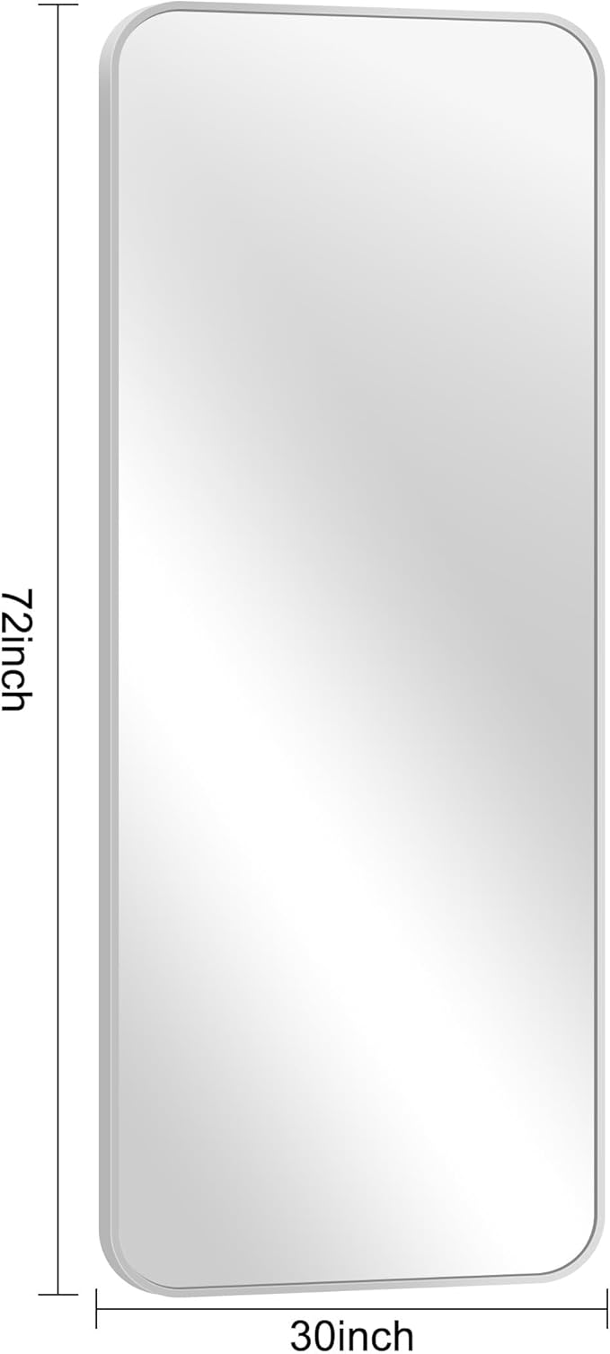 Silver Bathroom Mirror, 72 x 30 Inch Large Rectangle Mirror, Rectangular Vanity Mirror Aluminum Metal Frame, Rounded Corner Wall Mirror for Living Room Bedroom Entryway Horizontal/Vertical
