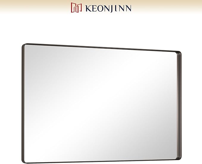 Keonjinn 55 x 36 Inch Black Bathroom Mirror, Tempered Glass Vanity Mirror | Sandblasted Finish, Matte Black Mirror, Anti-Rust, Seamless Aluminum Frame, Rounded Rectangle, French Cleat Mount, Home Décor