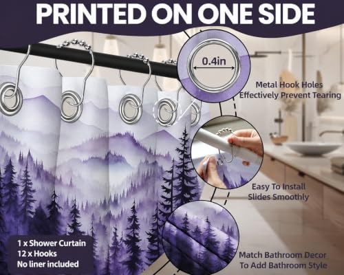 Dark Purple Forest Shower Curtain, 72x72 in, Mountain Rustic Pine Tree