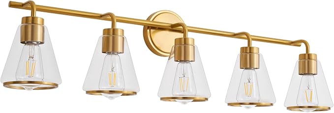 38.5" 5-Light Brushed Gold Modern Bathroom Vanity Light Fixture Over Mirror | Clear Glass Shade, Heat-Resistant Ceramic E26 Socket, Wall Sconces, Rustproof, Fit 40–48 Inch Mirrors for Vanity Table