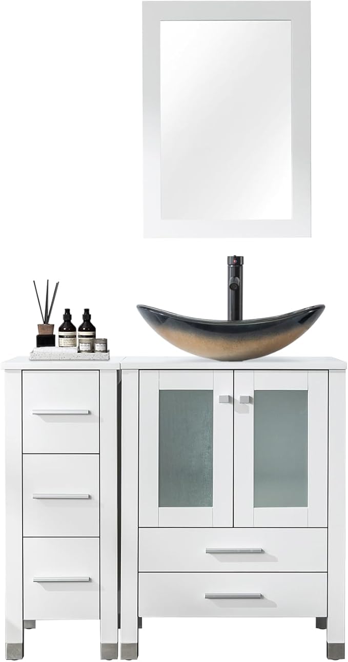 LUCKWIND 36" Bathroom Vanity with Sink Combo, 24-inch Main Cabinet with 12.6-inch Side Cabinet, Painted Bathroom Storage Cabinet with 5 Drawers, Including Champagne Boat Sink Without Mirror, White