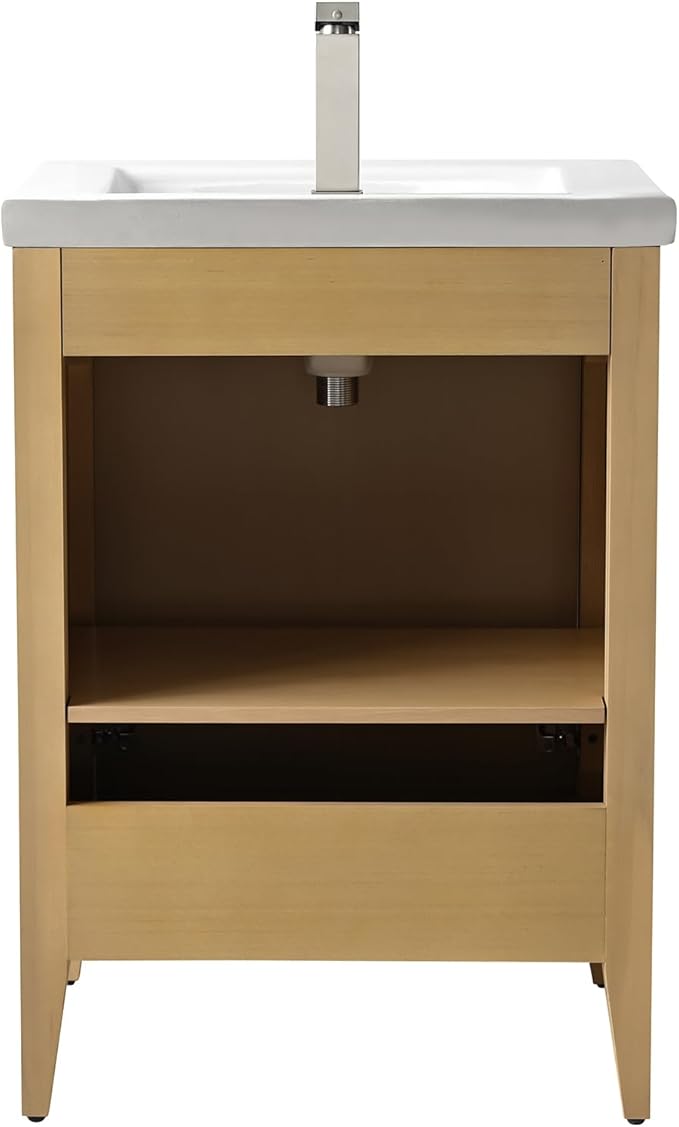 HOMEBEYOND 24" Bathroom Vanity with Ceramic Sink, Solid Wood Free-Standing Vanities Cabinet, Ceramic Top, Golden Brushed Handware & Soft Closing Door, Natural Oak