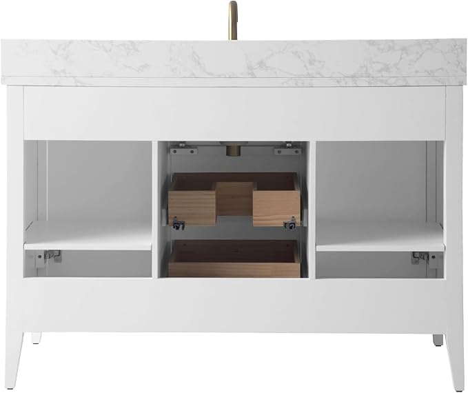Vanity Art 48 inch Bathroom Vanity with Single Sink & Ceramic Top, Vanity Cabinet with Soft-Closing Door, Solid Wood Frame, Linear Pattern, White, Golden Brushed Handware VA9148-W-GB