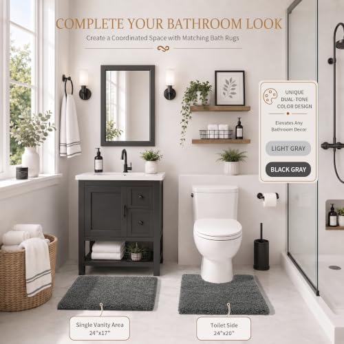 Yimobra Bathroom Rugs Non Slip Washable, Ultra Soft and Water Absorbent Bath Mats, Plush Fluffy Shower Mat Outside, Microfiber Thick Matts for Bathroom Floor/Sink, 24X17, Light Gray and Black Gray