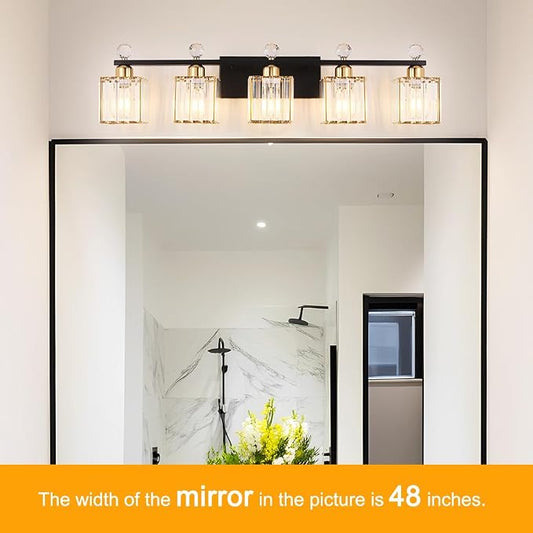 Lxybcce Bathroom Vanity Lights Over Mirror - Easy Installation with Clear Guide, 5-Light Shadow-Free Design, Black and Gold Crystal Finish - for Modern Home Bathroom Lighting Fixtures in DIY Projects