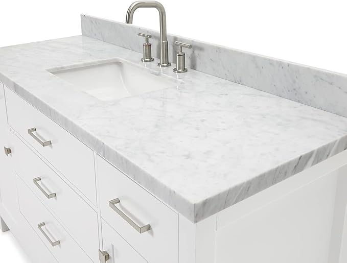 Alenza 60 Inch Bathroom Vanity Single Sink — White Bathroom Vanity with Sink, 1.5" Edge Italian Carrara Marble Countertop & Backsplash, 2 Soft-Close Doors, 5 Dovetail Drawers