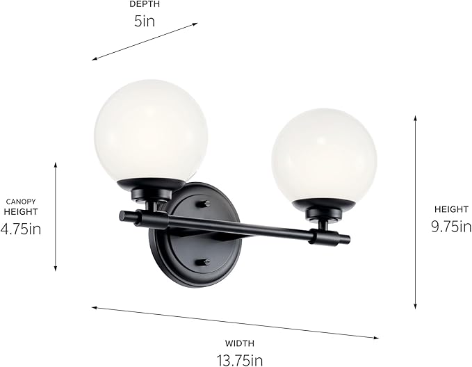 Kichler Benno 2-Light Vanity, Modern Light with Opal Glass in Black, for Bathroom or Powder Room (8.75" x 14.75"), 55171BK