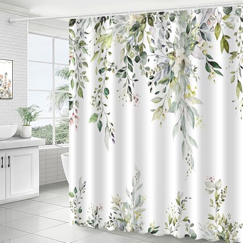 Eucalyptus Shower Curtain, Aesthetic Art Watercolor Plant Leaves with Floral Bathroom Decor, Waterproof Fabric Cloth Bath Curtain Set with Hooks (Green, 72" W x 72" L)