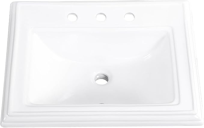 23" Drop-in Bathroom Sink with 8" Widespread 3 Hole Ceramic Basin | 23.2"x18.3”,White Ceramic Rectangle Semi-recessed Vanity Basin, Self-Rimming for Modern Bathroom Remodel and Home Renovation