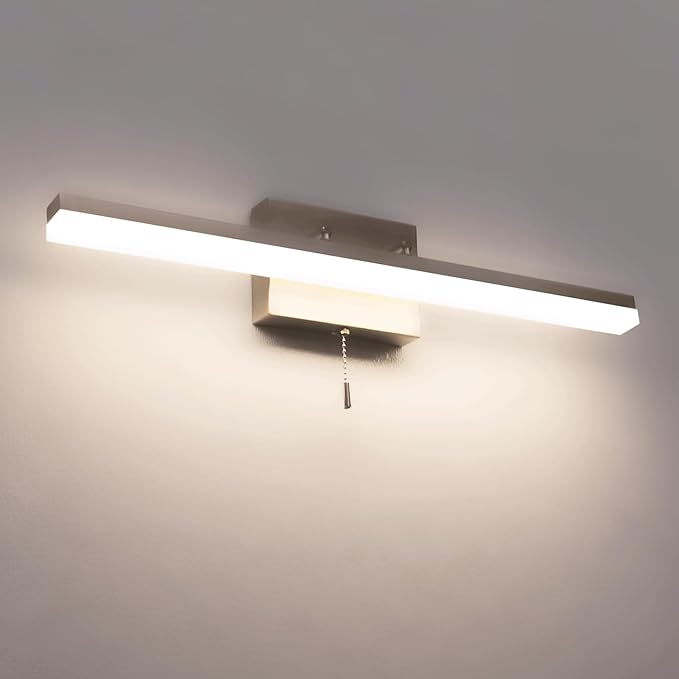 24-Inch Modern Brushed Nickel Bathroom Light Fixture - 180° Rotatable LED Chrome Vanity Light Bar for Over-Mirror Use, 12W Bathroom Sconce Wall Lighting with Switch on/Off