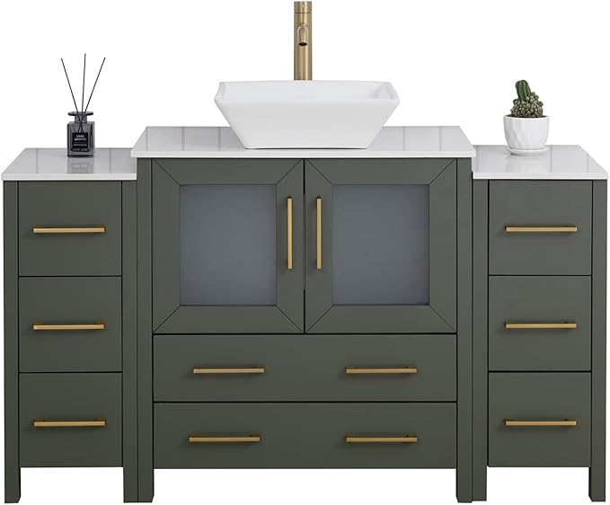 Vanity Art 54 Inch Vessel Single Sink Bathroom Vanity Cabinet with 1 Mirror, Engineered Marble Top Bathroom Cabinet Compact Set with 8 Dovetail Drawers and Soft Closing Doors, VA3130-54VG