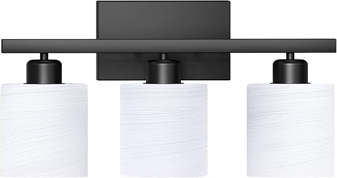 Bathroom Light Fixtures, Bathroom Lighting Fixtures Over Mirror, Interior Classic Vanity Lights, Modern Vanity Light with Textured White Glass Shade, Matte Black, 3-Light