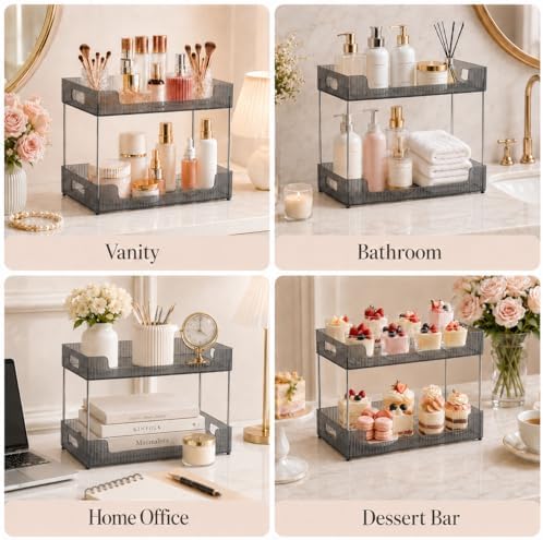Goderewild 2 Tier Bathroom Counter Organizer, Multi-Purpose Cosmetics Skincare Shelf, Makeup Organizer for Vanity Tray, Countertop Storage Solution for Kitchen and Bath. (Smoky Gray)
