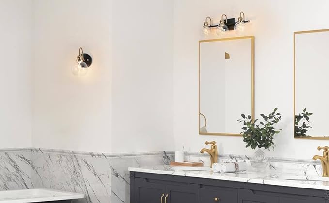 KSANA Black Gold Vanity Light, Modern 3-Light Bathroom Light Fixture with Clear Glass Globes, Electroplating Brass 22”L Vanity Lighting Over Mirror