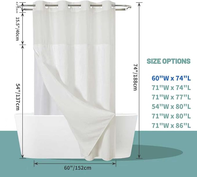 eachope No Hook Waffle Shower Curtain with Snap-in Liner, 60x74 Inch, Cream | 230GSM waffle weave fabric, waterproof liner set with 2 bottom magnets, mesh window, washable, for shower stalls or bathrooms