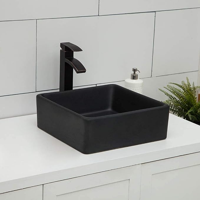 Logmey 15 Inch Black Bathroom Vessel Sink 15"x15" Square Small Vessel Sink for Bathroom Sink Above Counter Porcelain Ceramic Vanity Art Countertop Sink