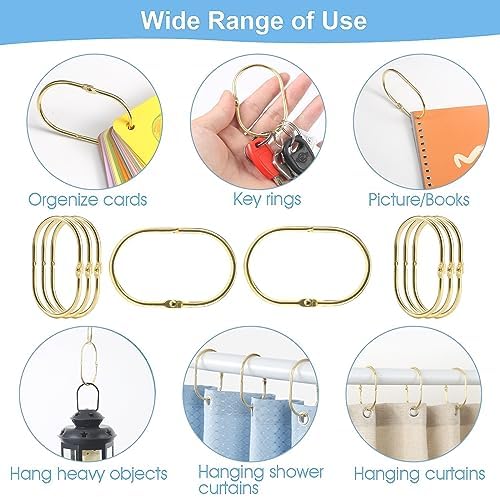 Goowin Shower Curtain Rings, 12 Pcs Shower Curtain Hooks, Oval Snap Shower Rings for Curtain, Metal Gold Shower Curtain Rings Rust Proof, Glide Smoothly Shower Hooks for Shower Curtain Rod (Gold)