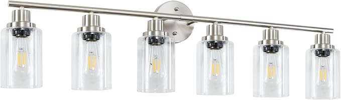6-Light Nickel Bathroom Vanity Lights, E26 Modern Bathroom Light Fixtures with Clear Glass Shade, Wall Lamps for Mirror Hallway Kitchen Cabinet Living Room Sconces Lights